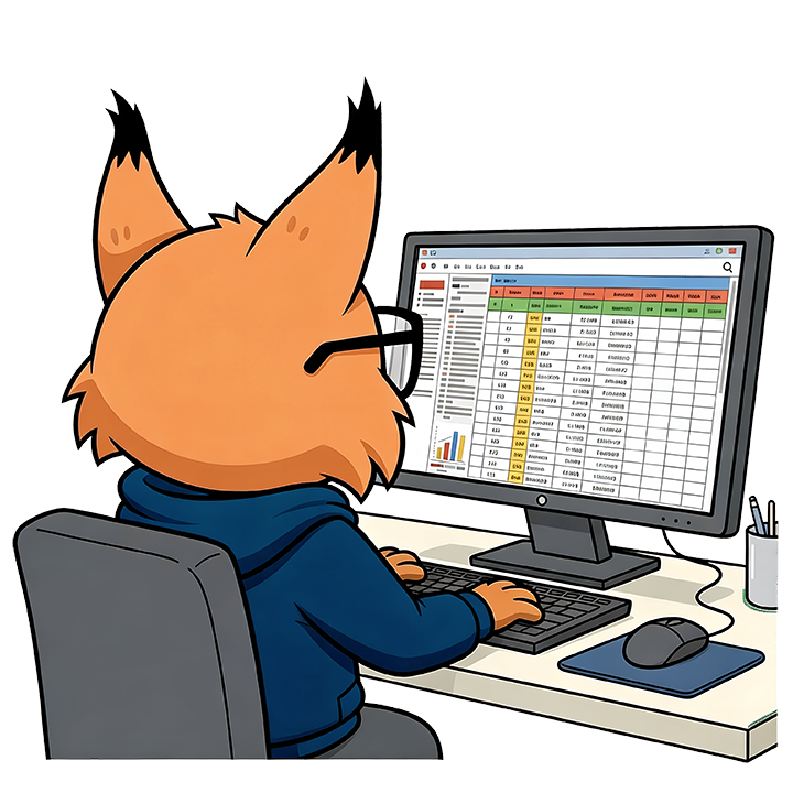 Cartoon fox in glasses typing at a desk, viewing a spreadsheet on a computer monitor.