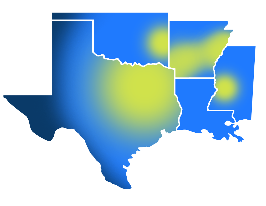 Stylized Texas and Louisiana maps in blue with yellow highlights on a white background