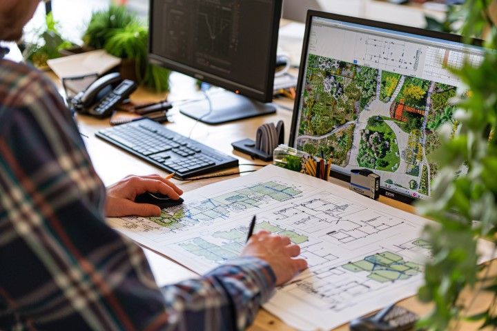 Designer sketching plans at a desk with a computer displaying a landscape layout and architectural drawings.