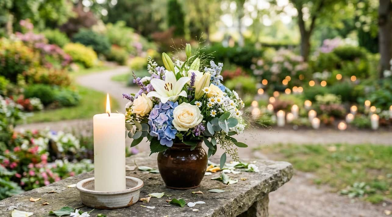 Elegant floral memorial display with candles in a garden setting at Gilbert, AZ funeral home and cremations