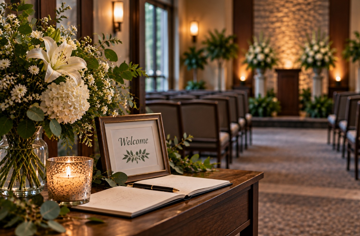 Guest book and flowers prepared before a funeral service in Mesa, AZ.