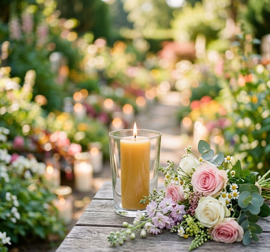 Serene candle and floral tribute in the memorial garden at Gilbert, AZ funeral home and cremations