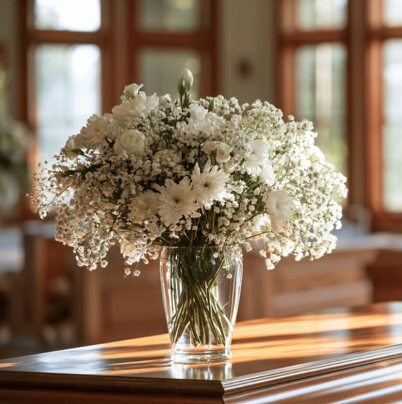 White funeral flower arrangement displayed inside a memorial setting in Chandler, AZ.