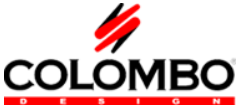 Logo di Colombo Design con una forma astratta rossa e nera sopra il nome del marchio in caratteri neri.