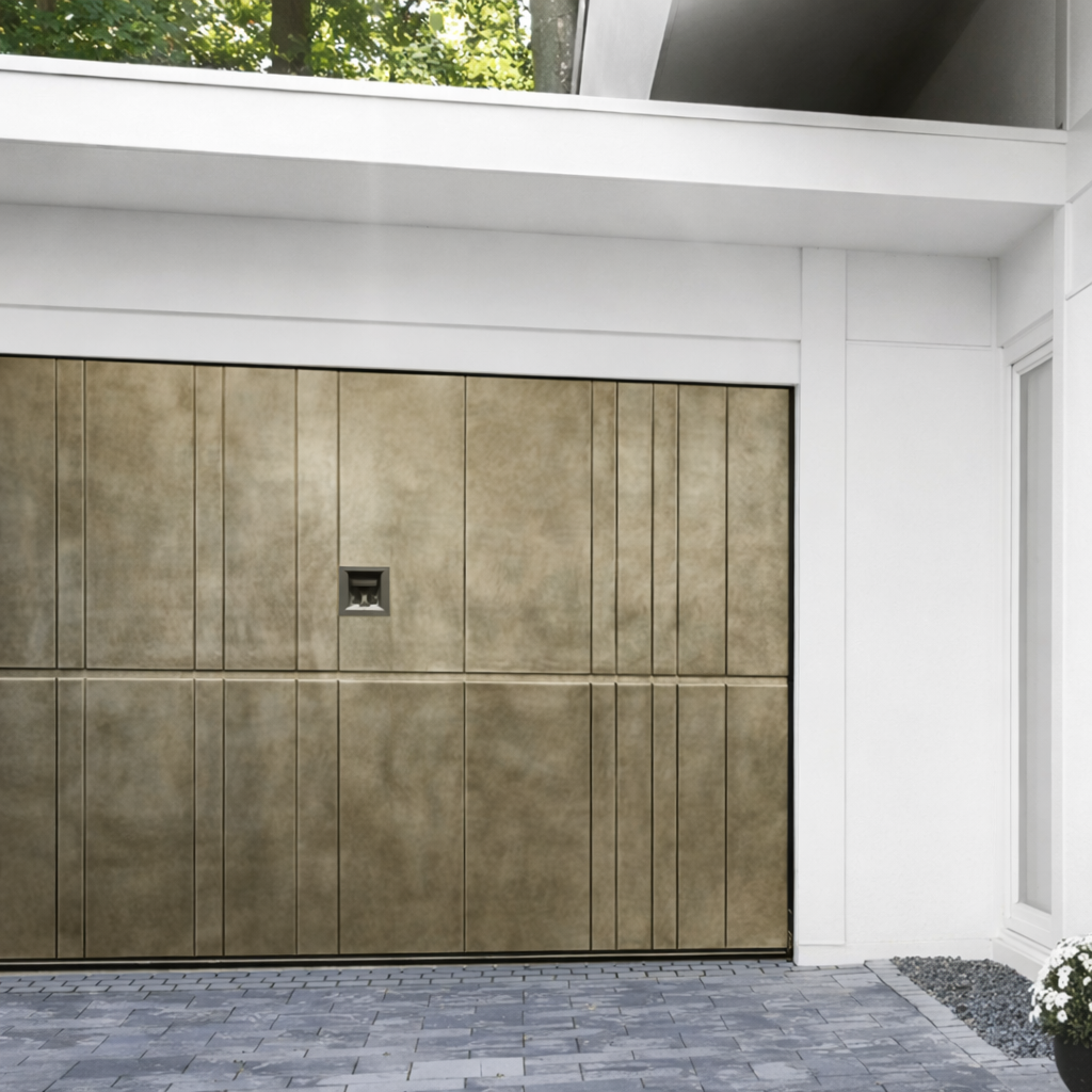 Porta da garage beige con pannelli verticali e orizzontali con finiture nere