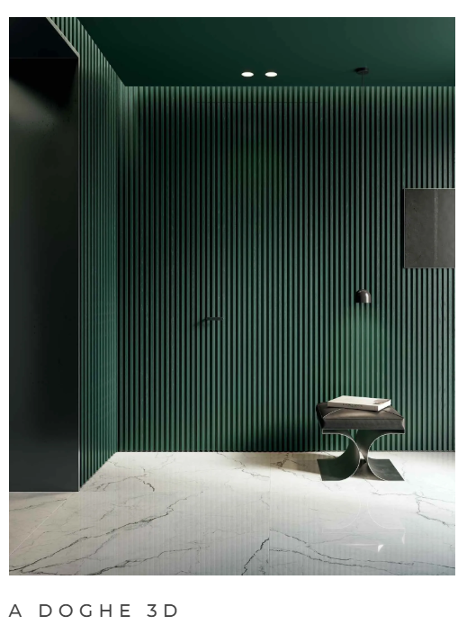 Bagno con pareti verdi a coste e dettagli neri, pavimento in marmo bianco e arredamento minimalista.