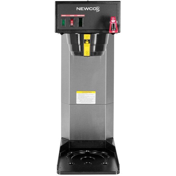 A stainless steel coffee maker with a black base on a white background.