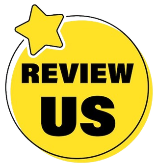 A yellow circle with the words review us on it