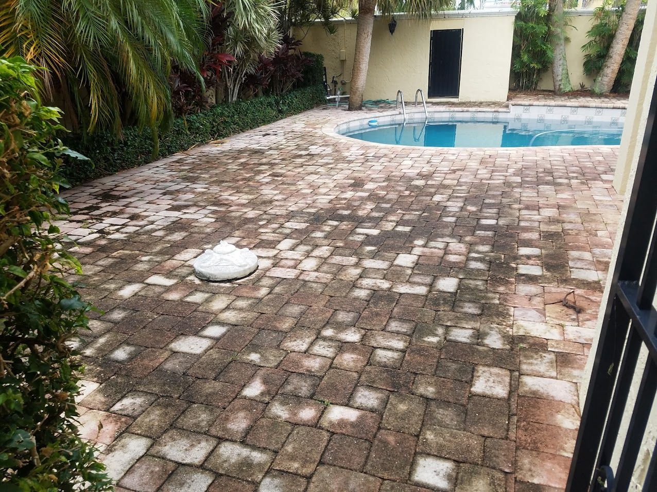 Brick patio beside a small blue swimming pool with white house and greenery around it