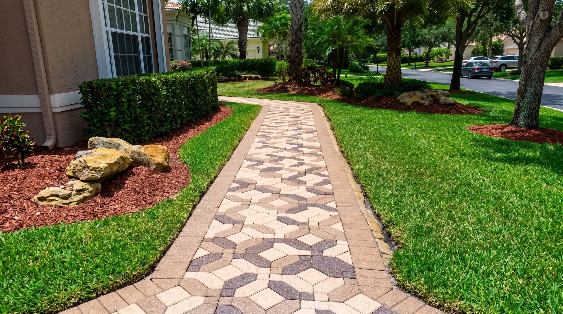 Curved stone walkway through a landscaped yard with green grass, shrubs, and a building on the left.