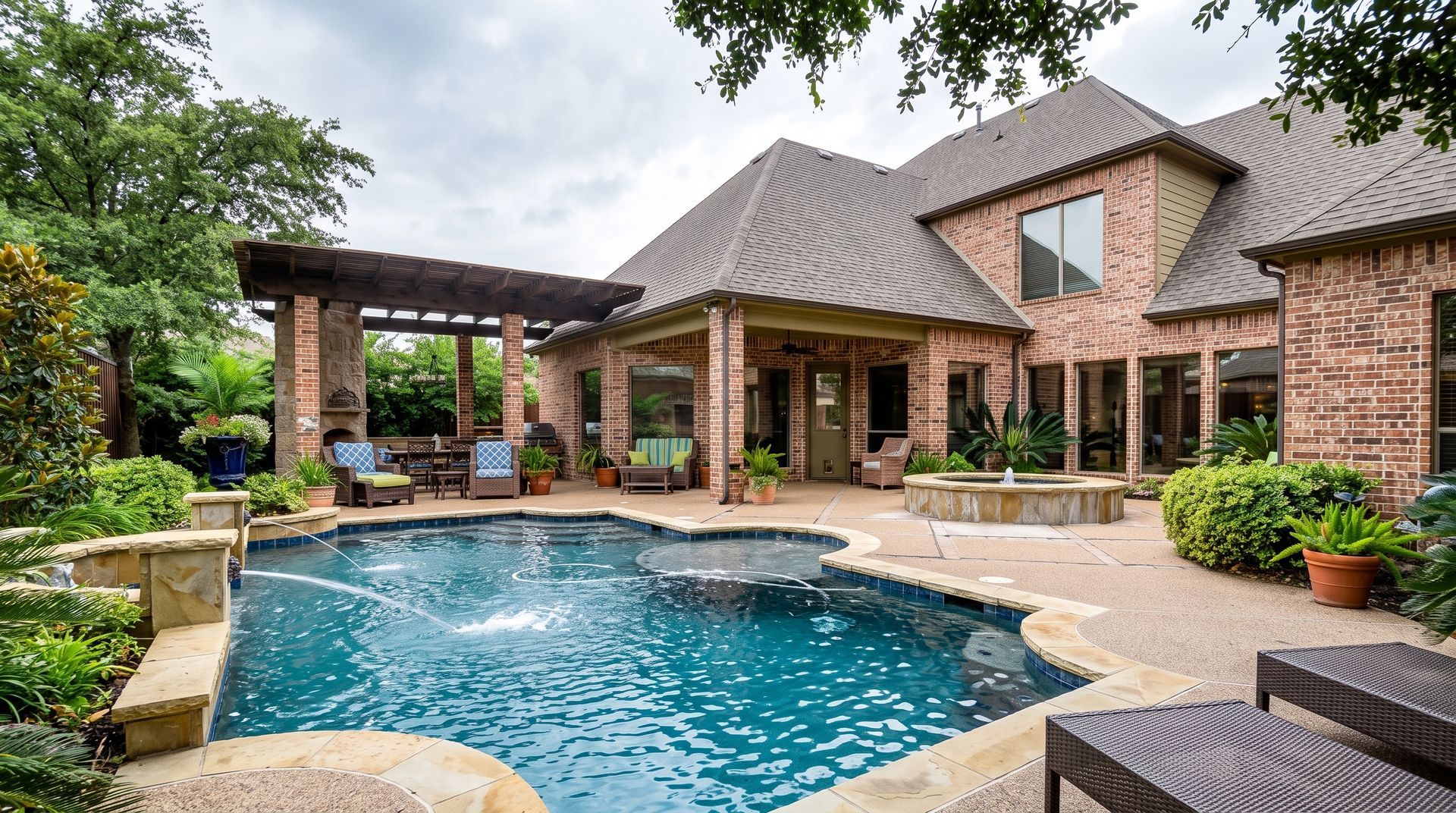 Brick house patio with a blue swimming pool, pergola, and outdoor seating in a landscaped backyard
