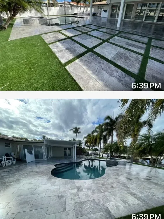 Modern backyard patio with pool, stone pavers, and palm trees at dusk