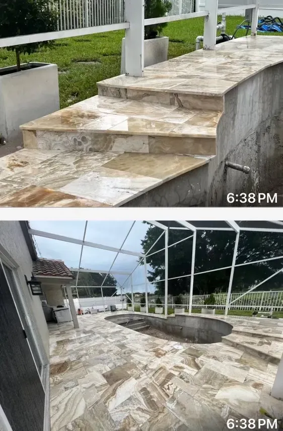 Stone steps leading to a raised patio with a circular fire pit under a metal frame