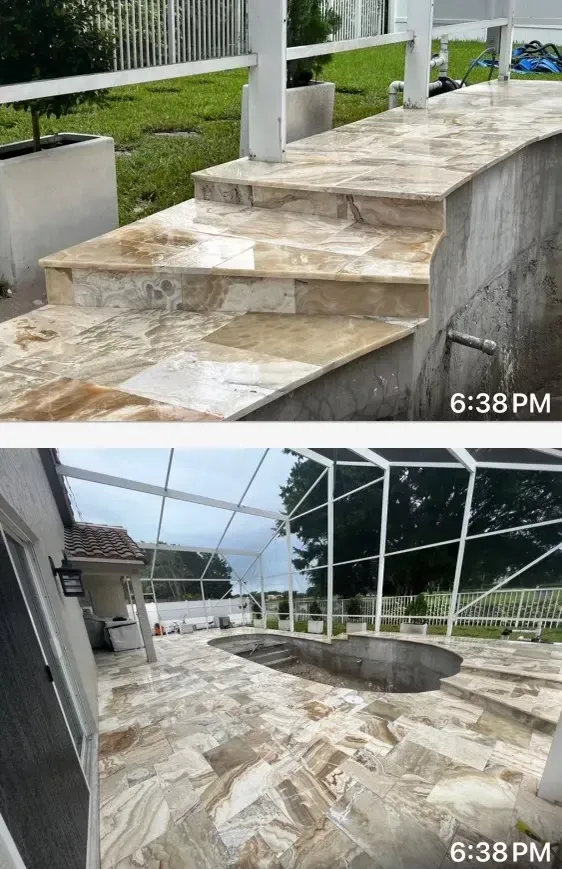 Damaged marble stair and rooftop floor with cracks and debris beside a pool area