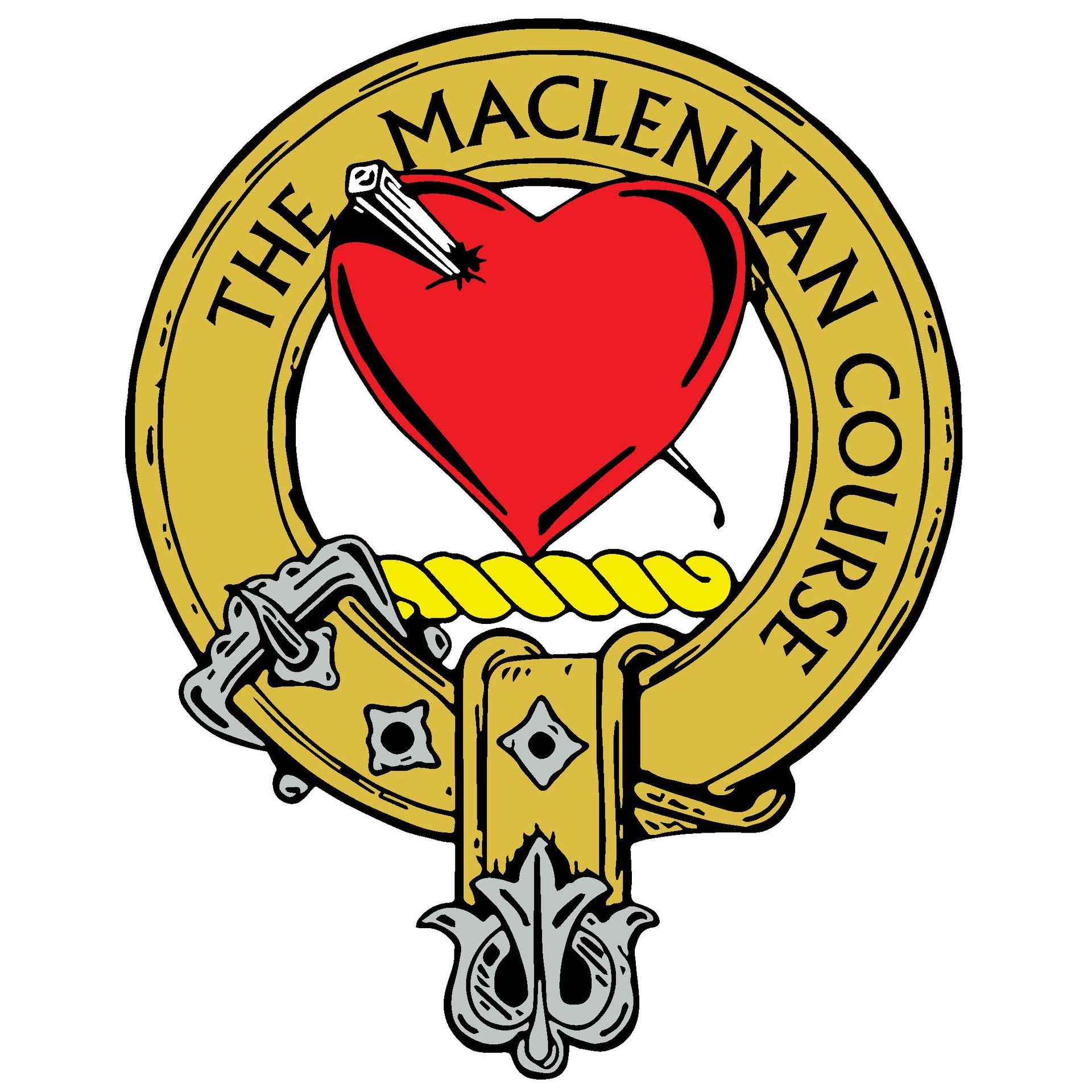 Clan Maclennan crest: Red heart pierced by a silver nail, within a gold belt, over a gold and silver design.