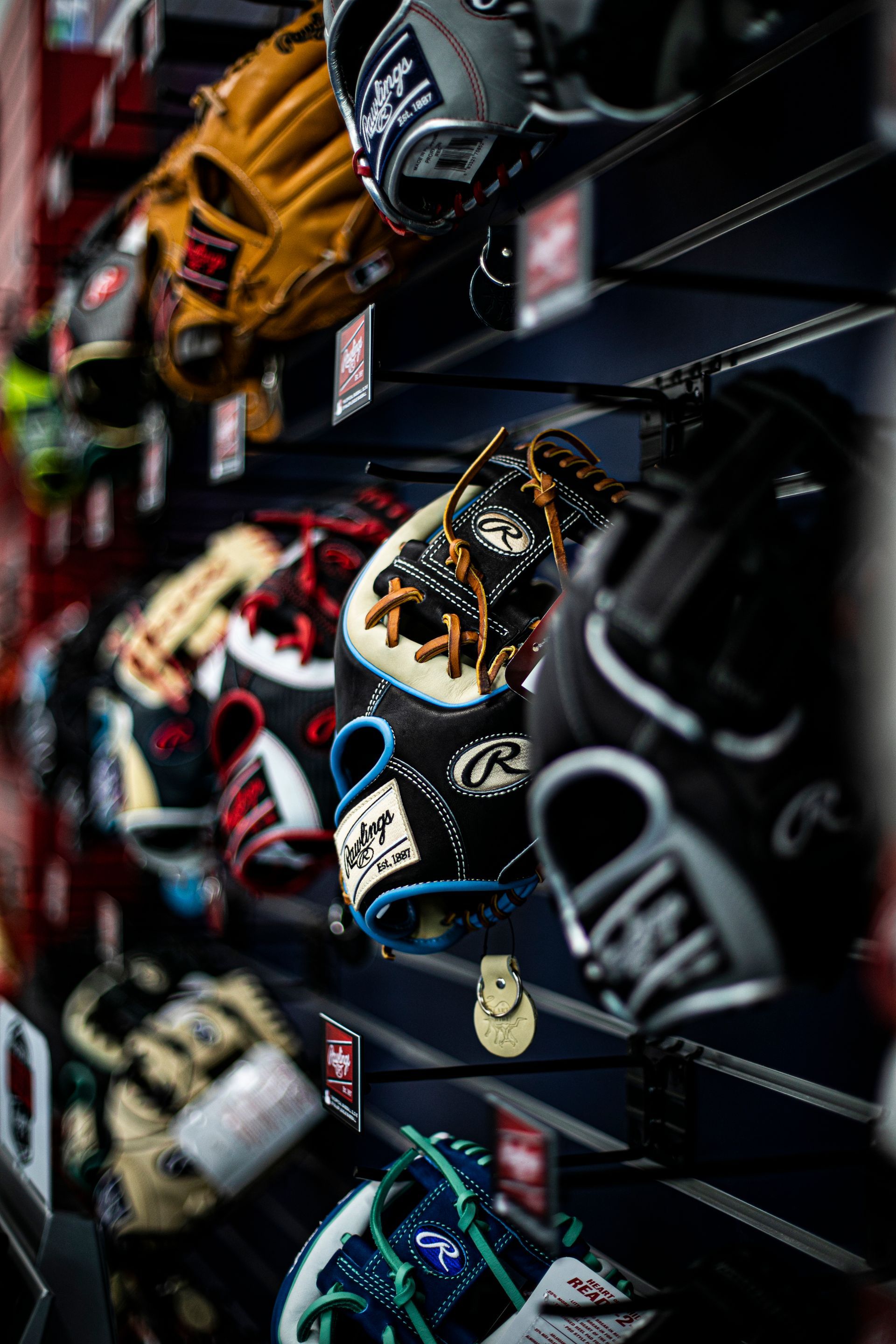 A row of baseball gloves hanging on a wall in a store.