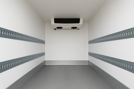 Interior of a refrigerated cargo van, white walls, gray floor, air conditioning unit on ceiling, cargo tracks on walls.