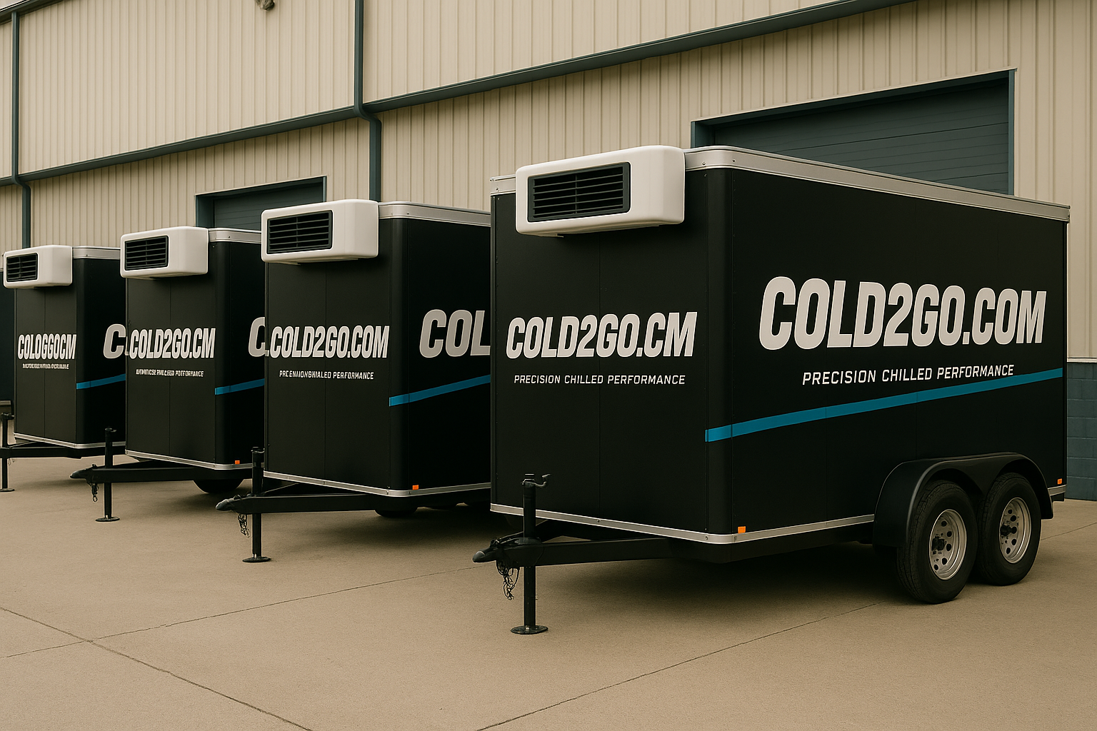 Four black refrigerated trailers lined up, branded with 