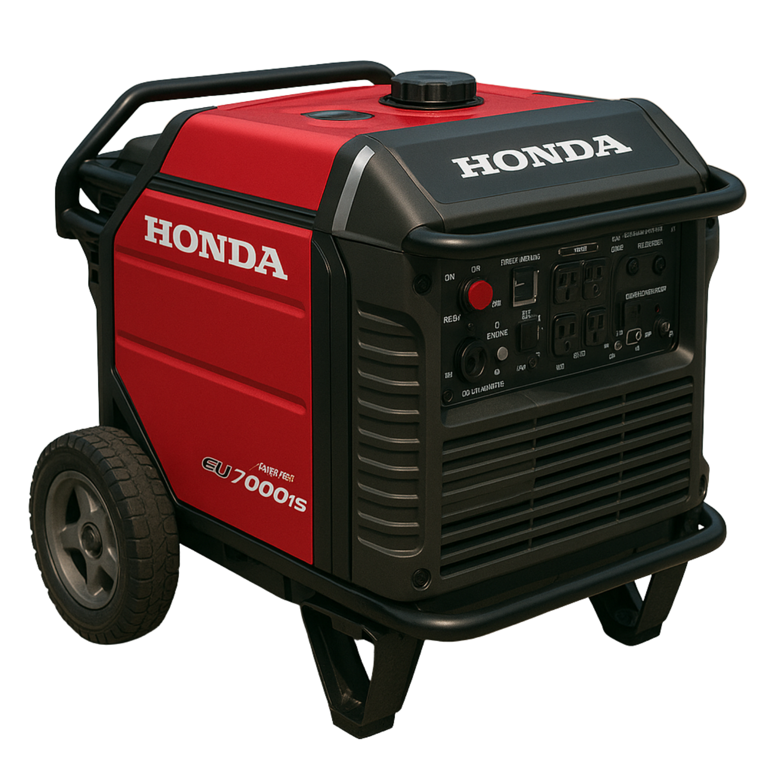 Red and black Honda generator with wheels, outdoor setting.