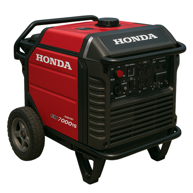Red and black Honda generator with wheels, outdoor setting.