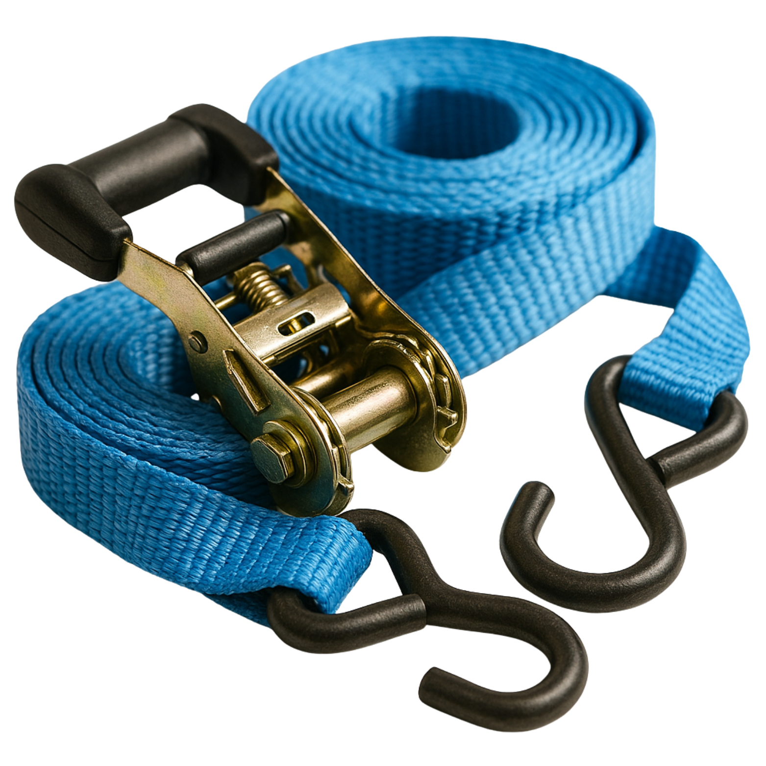 Blue ratchet strap with black hooks, rolled and extended.