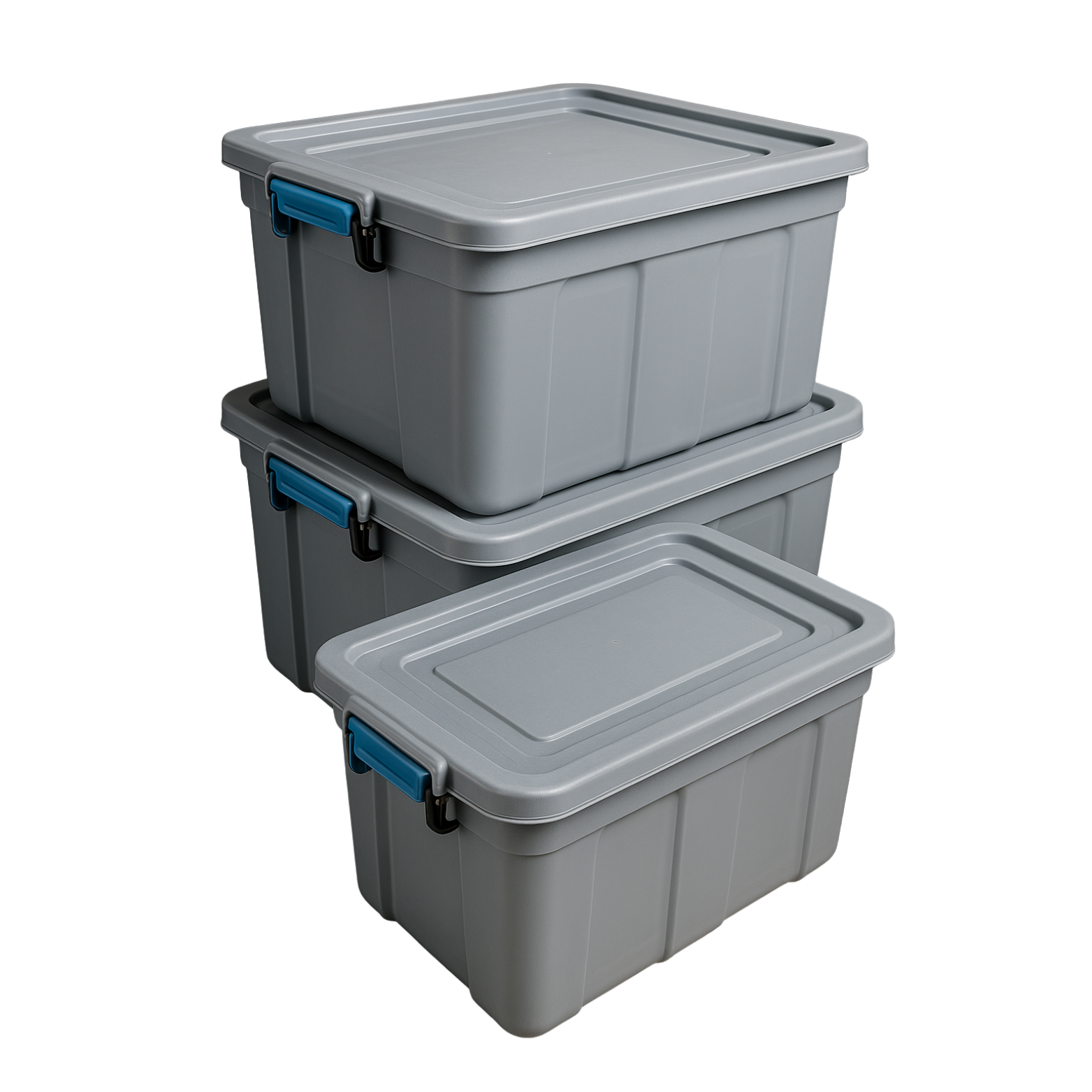 Three gray plastic storage bins with blue latches and lids stacked on each other.