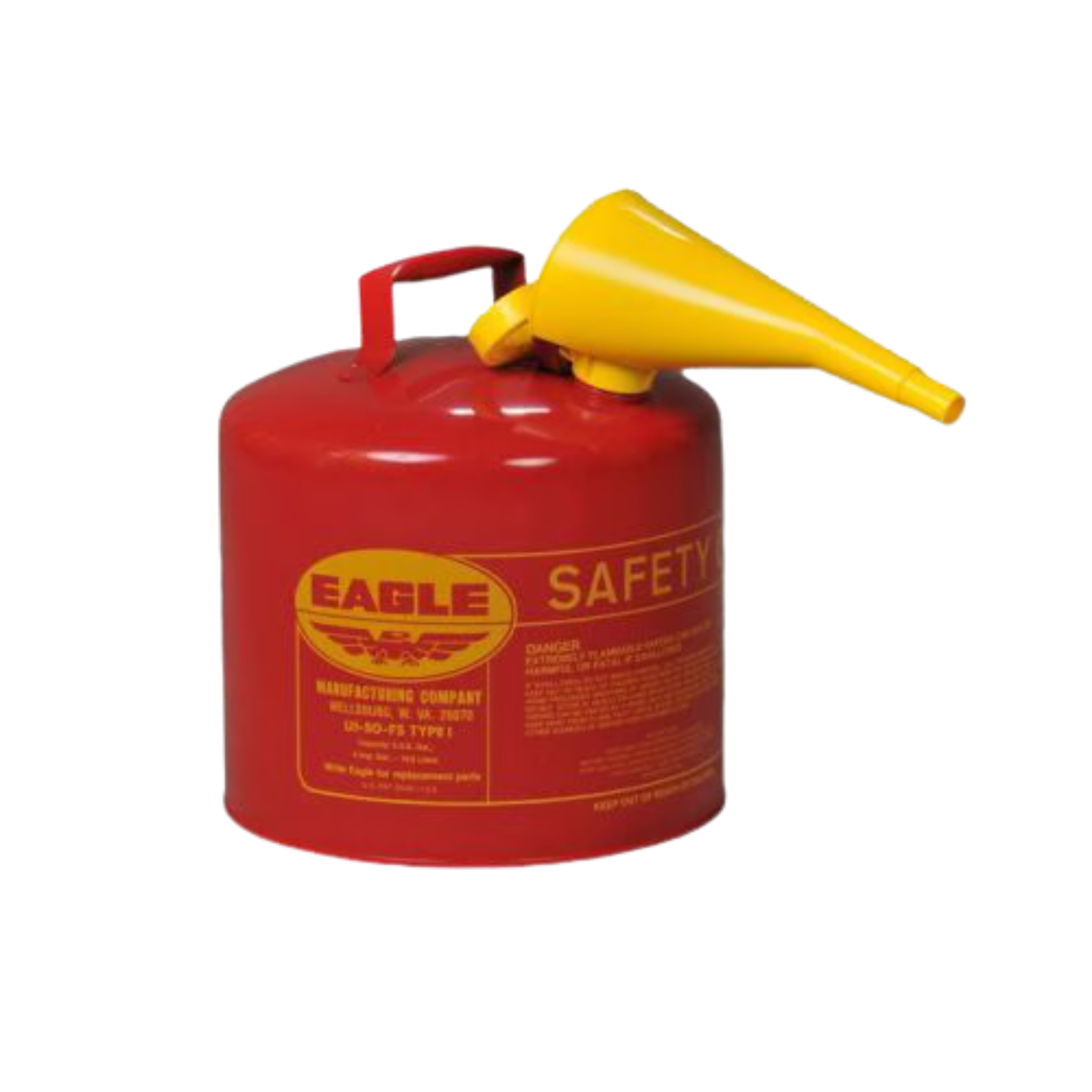 Red Eagle safety can with yellow funnel for fuel transfer.