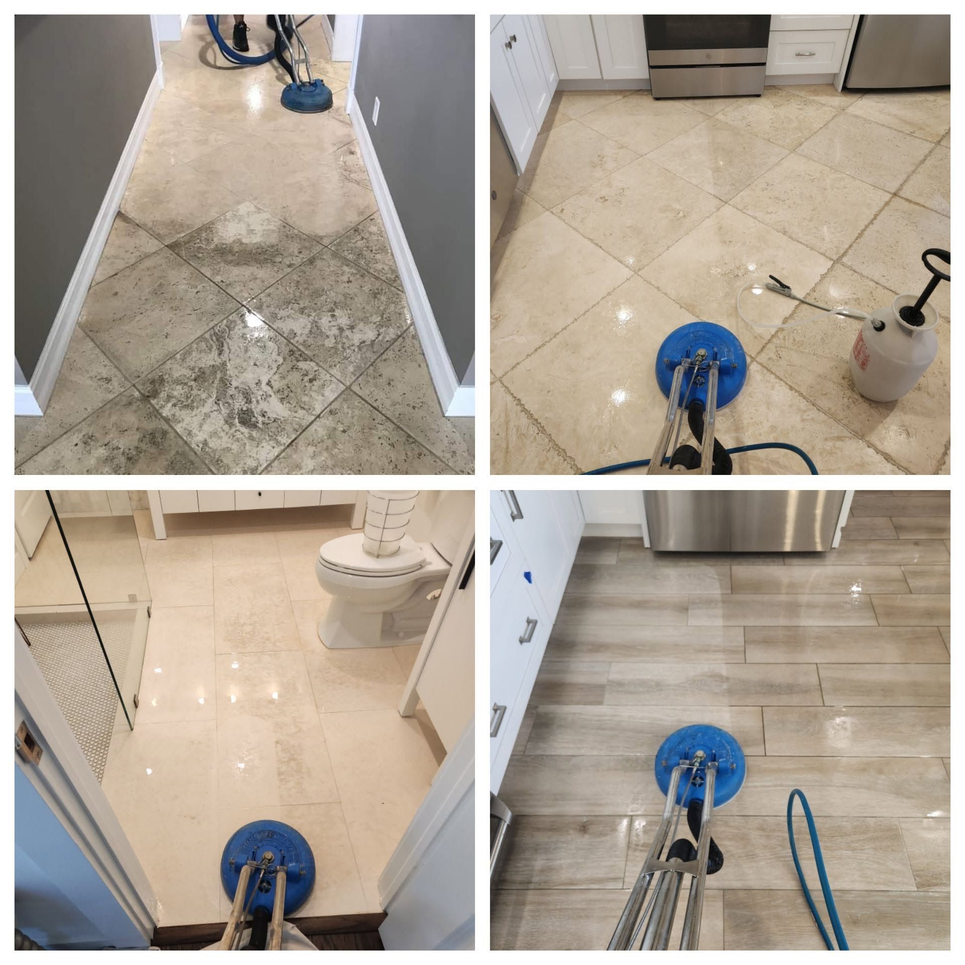 Before and after grout cleaning on white ceramic tile floor in Jupiter, Florida