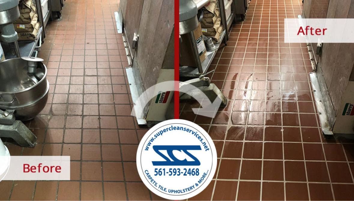 Commercial tile and grout cleaning in a Palm Beach County restaurant kitchen