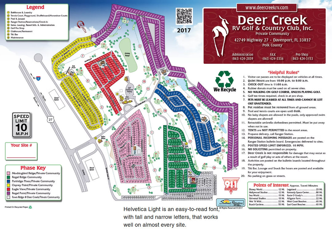Map of Deer Creek RV Community with colored site layout and campground details