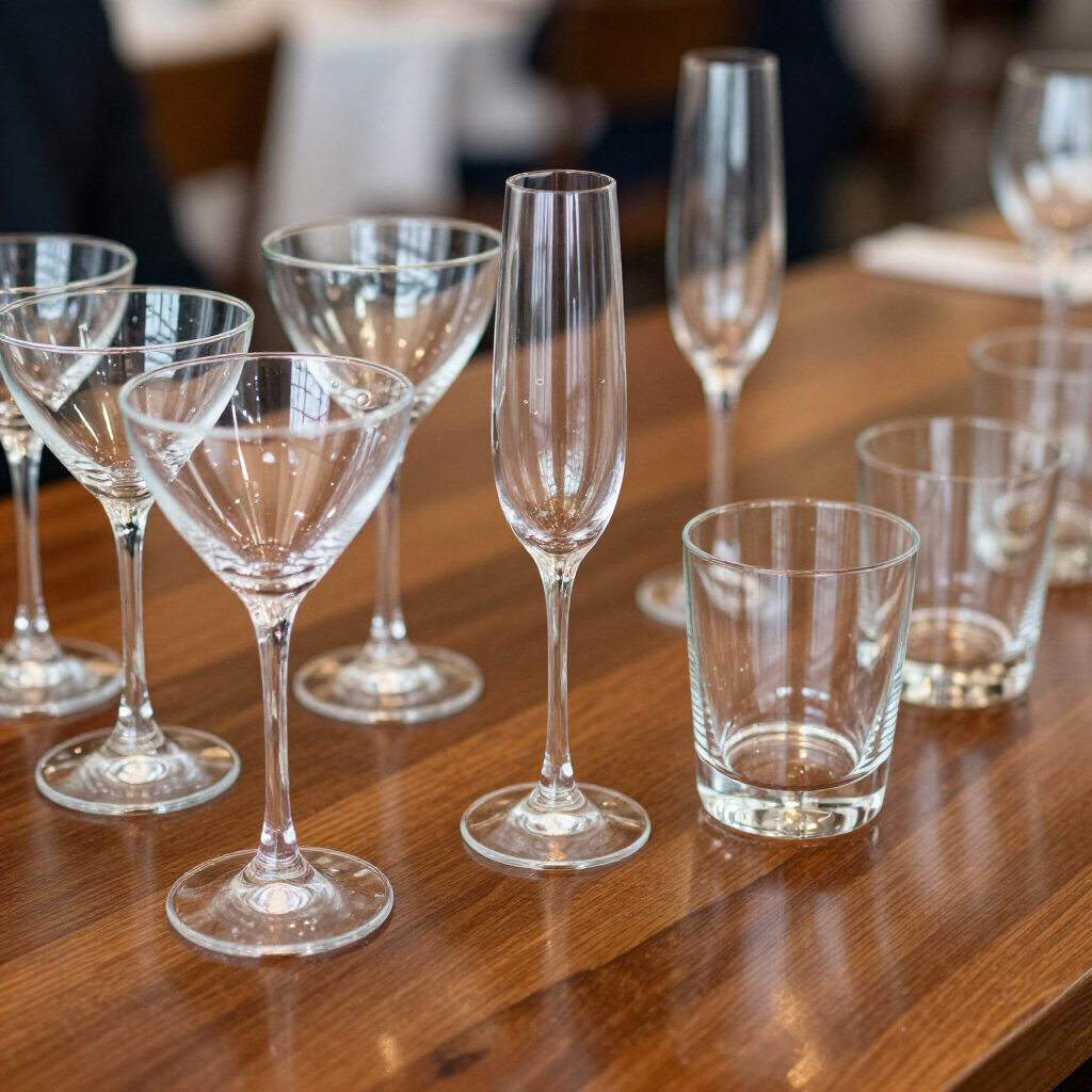 Assorted empty cocktail glasses on a wooden table, ready for a formal event.