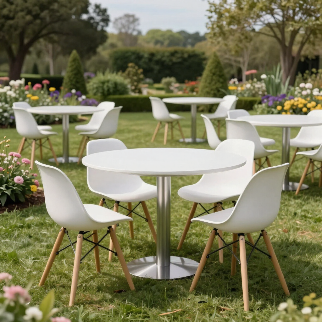 White outdoor café tables and chairs arranged on a grassy garden patio with flowers and trees in the background