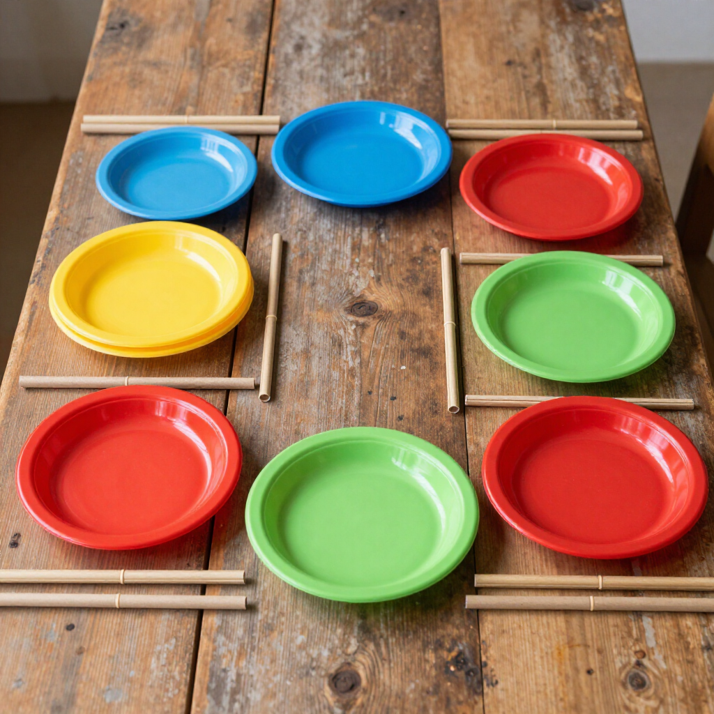 Colorful plates arranged on a wooden table with chopsticks, like a place-setting puzzle