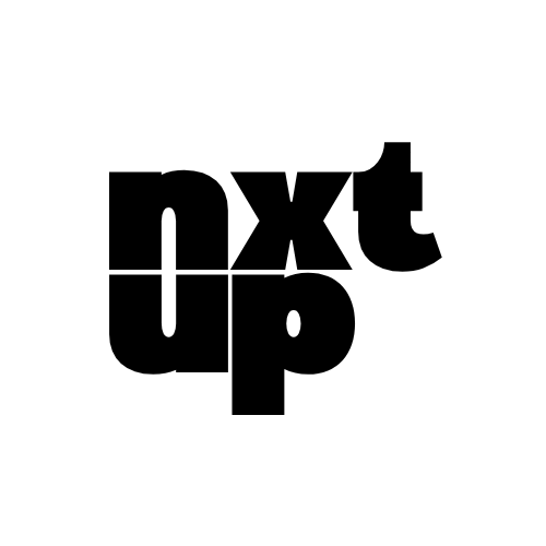 Black stylized logo reading “nxt up” on a white background