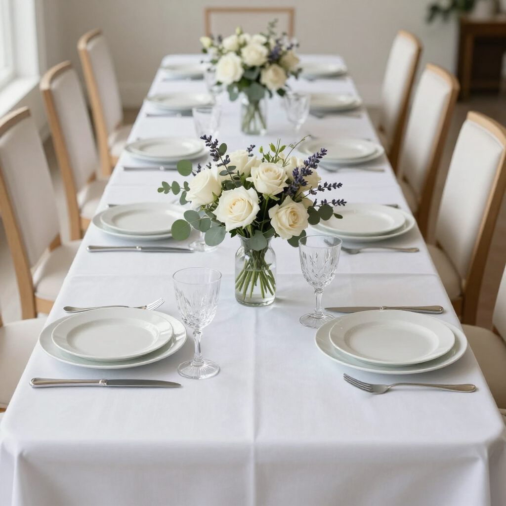 Elegant dining table set with white tablecloth, floral centerpieces, plates, and glassware