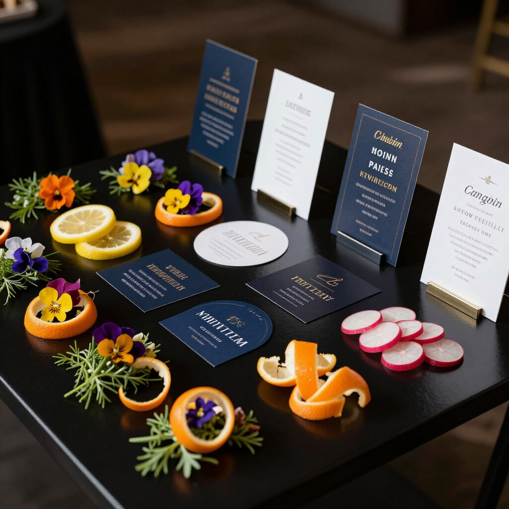 Elegant dessert tasting display with citrus garnishes, flowers, and printed menu cards on a black table