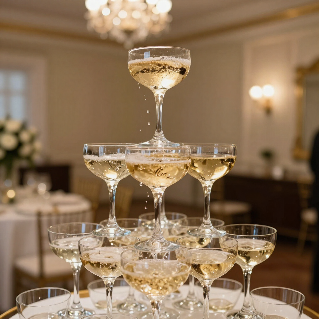 Champagne glasses arranged in a pyramid at a formal indoor event