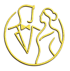 Gold line-art logo of a groom and bride inside a circular frame