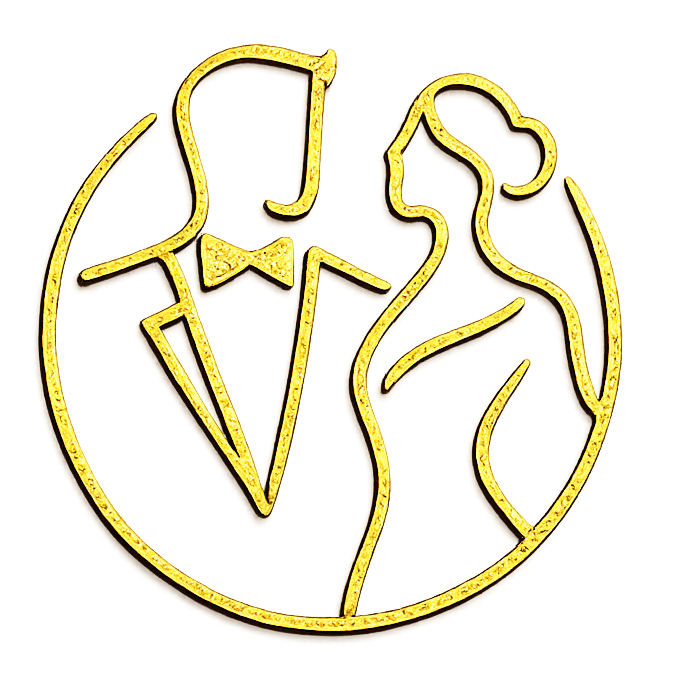 Gold line-art logo of a groom and bride inside a circular frame