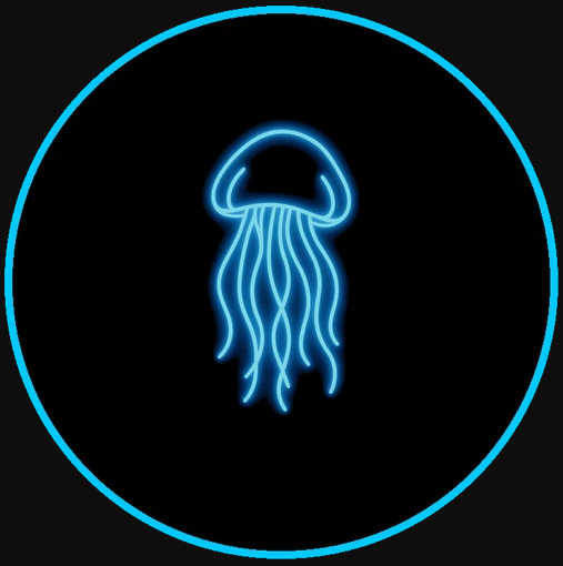 Neon blue jellyfish icon inside a glowing blue circle on a black background