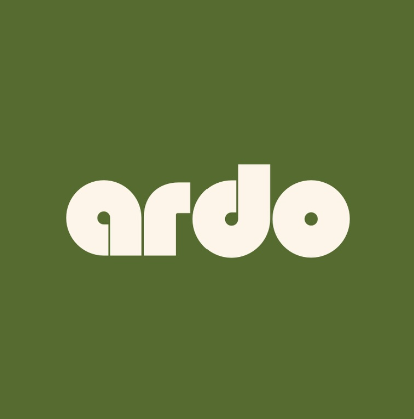 Cream “ardo” logo on an olive green background.