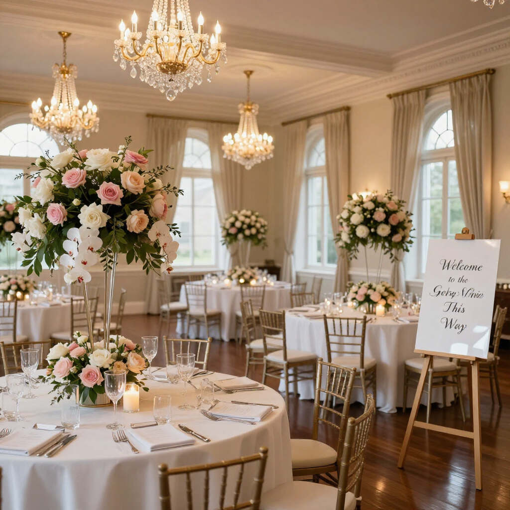 Elegant wedding reception room with white tables, gold chairs, chandeliers, and pink-white floral arrangements