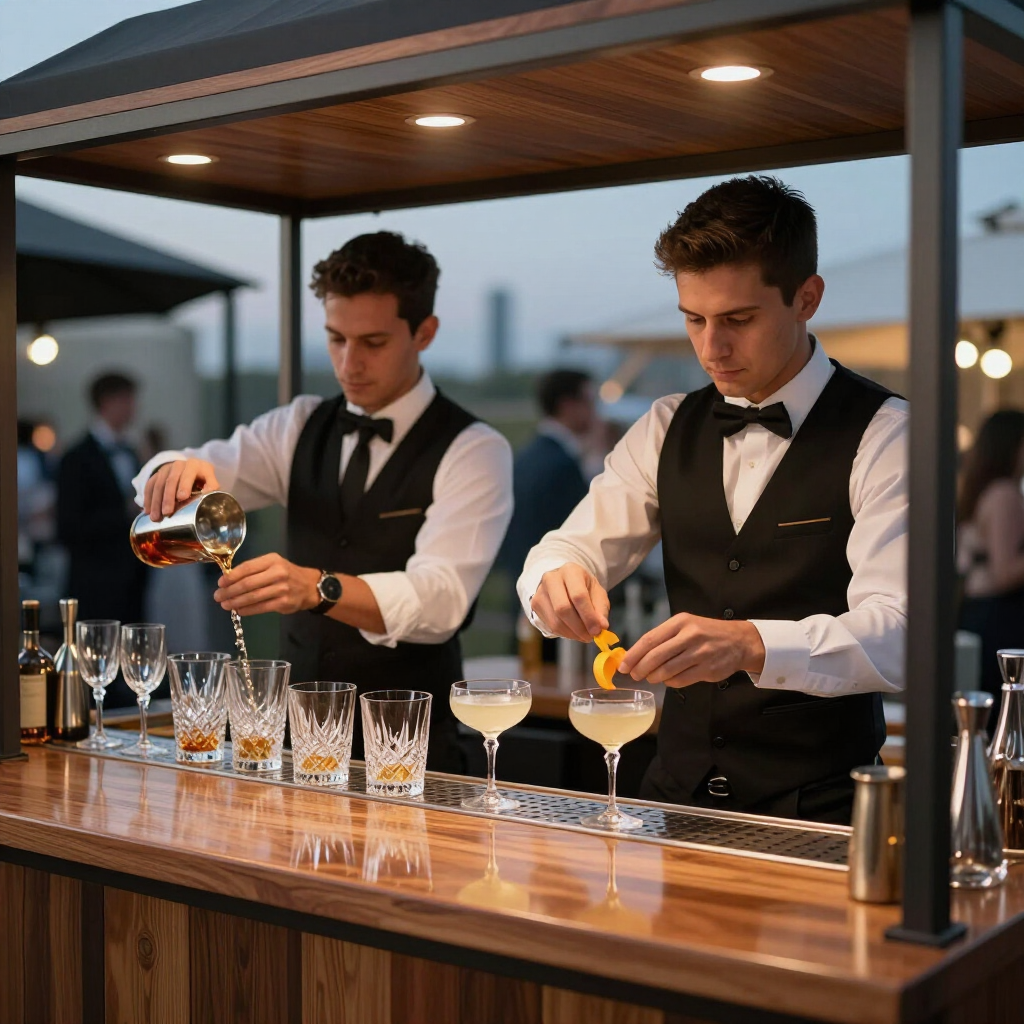 Two bartenders in black vests mixing cocktails at an outdoor bar at dusk