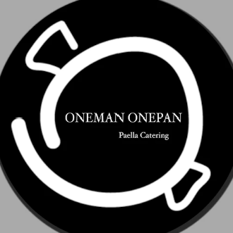 Black circular logo with white abstract pan outline and the text “ONEMAN ONEPAN” and “Paella Catering”