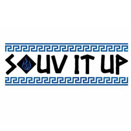Logo with blue Greek key border and black text reading “Souv It Up” with a blue diamond icon in the O.