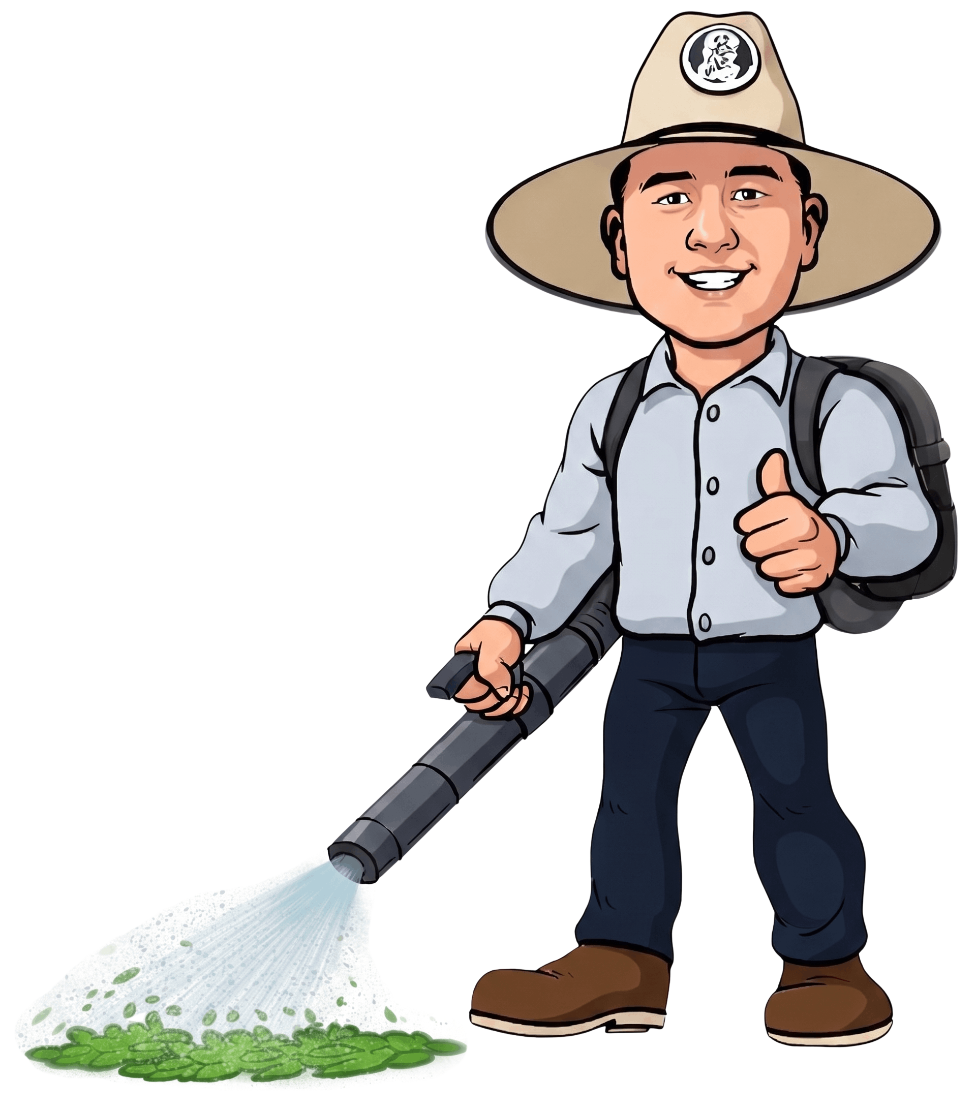 Walters Lawn Service Mascot with a Leaf Blower