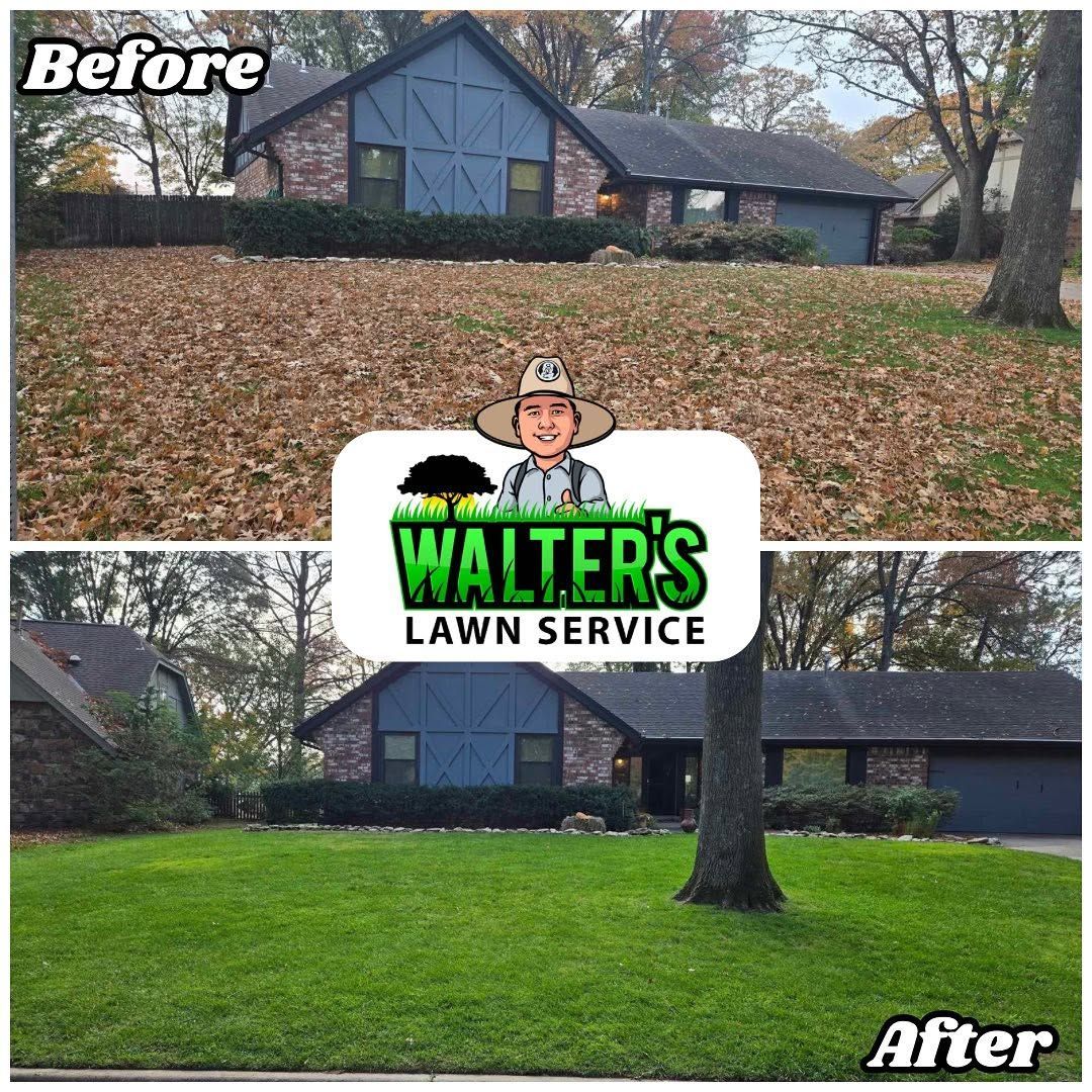 Before-and-after lawn service ad: yard covered in leaves becomes green, neat grass in front of house.