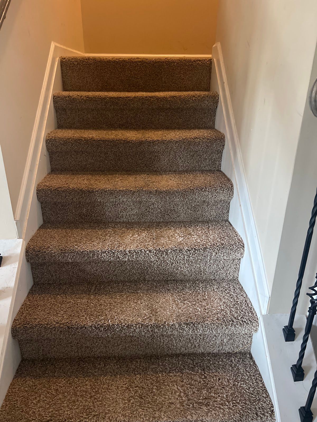 A set of stairs with a carpeted floor in a house.
