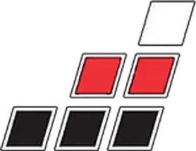 Stacked black, red, and white tilted squares arranged in a staircase pattern