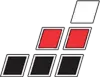 Stacked black, red, and white tilted squares arranged in a staircase pattern